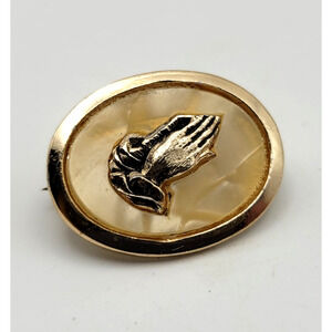 West German Gold Tone Praying Hands On Mother Of Pearl Pin Brooch Vintage